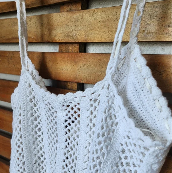 Y2K boho top loose knit lace-up white singlet size 10 - Picture 7 of 10